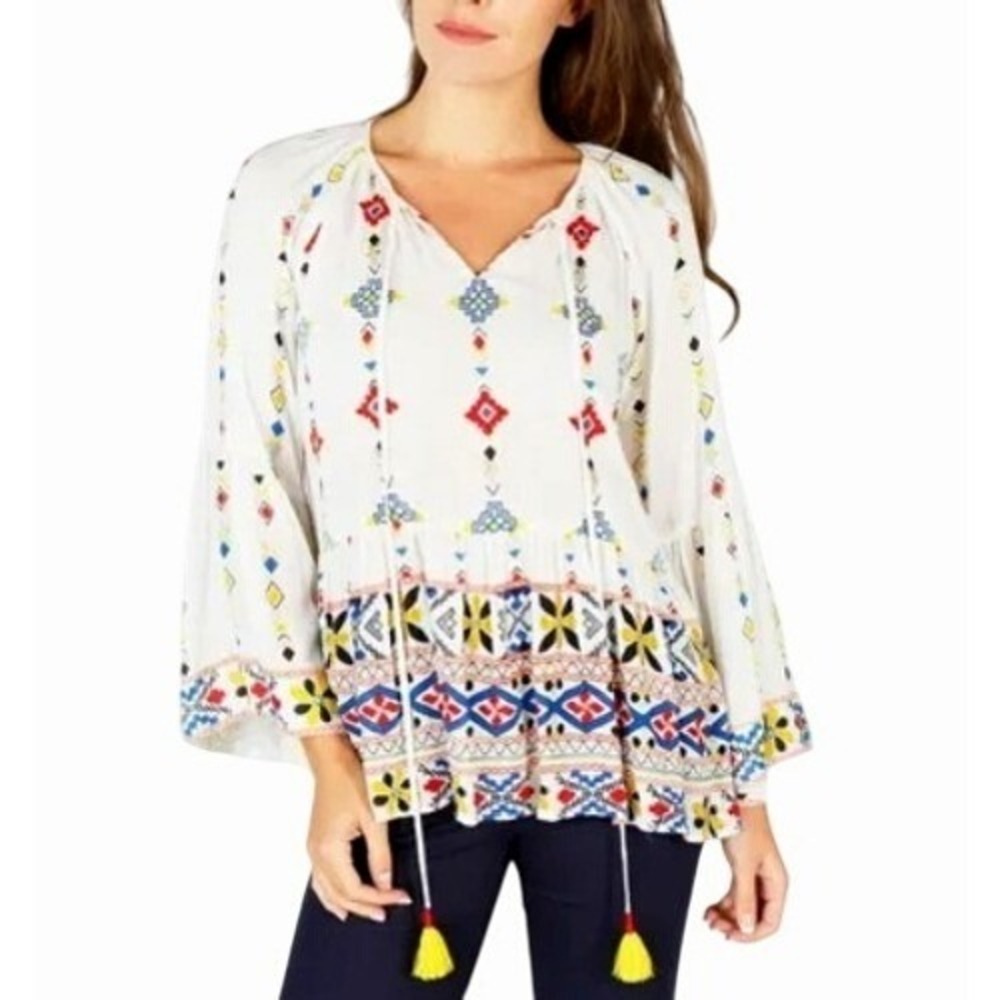 Rene Derhy White Beaded Embroidered Tassel Boho Peasant Relaxed Blouse